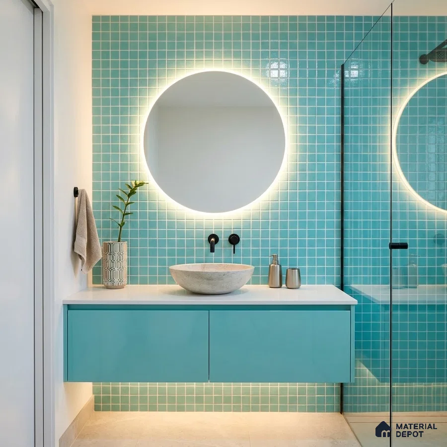 Modern Bathroom with Teal Glass Mosaic Wall Tile and Floating Vanity