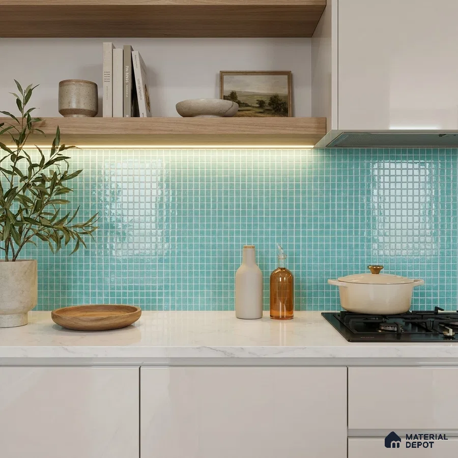 Modern Kitchen with Teal Glass Mosaic Backsplash Tile and White Cabinets