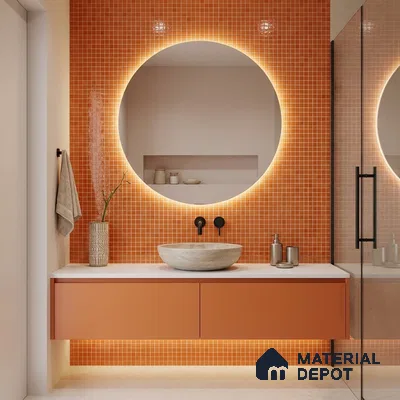 Modern Bathroom with Orange Glass Mosaic Wall Tile and Floating Vanity