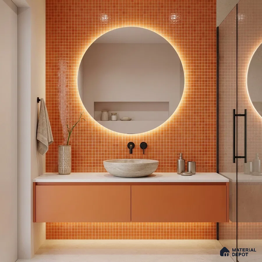 Modern Bathroom with Orange Glass Mosaic Wall Tile and Floating Vanity