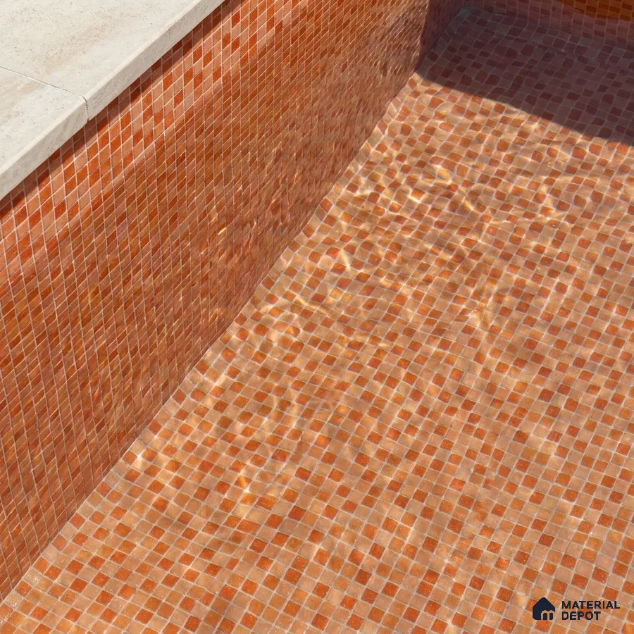 Modern Swimming Pool with Burnt Orange Glass Mosaic Tile and Stone Coping