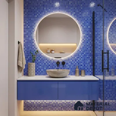 Modern Bathroom with Cobalt Blue Glass Mosaic Wall Tile and Floating Vanity
