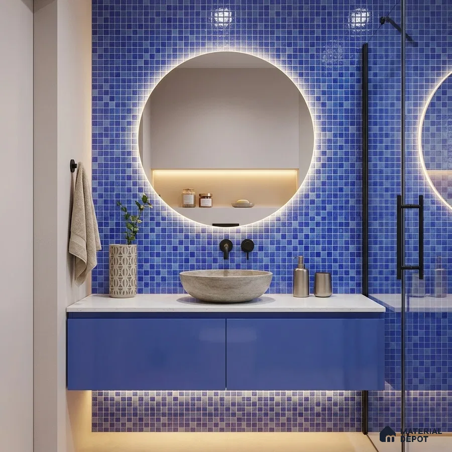 Modern Bathroom with Cobalt Blue Glass Mosaic Wall Tile and Floating Vanity