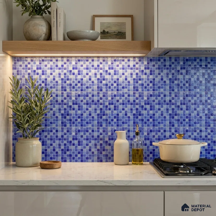 Modern Kitchen with Blended Blue Glass Mosaic Backsplash Tile and White Cabinets
