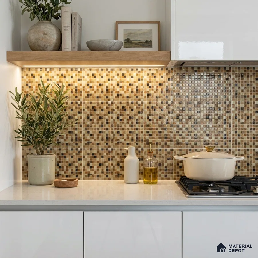 Modern Kitchen with Golden Brown Glass Mosaic Backsplash Tile and White Cabinets