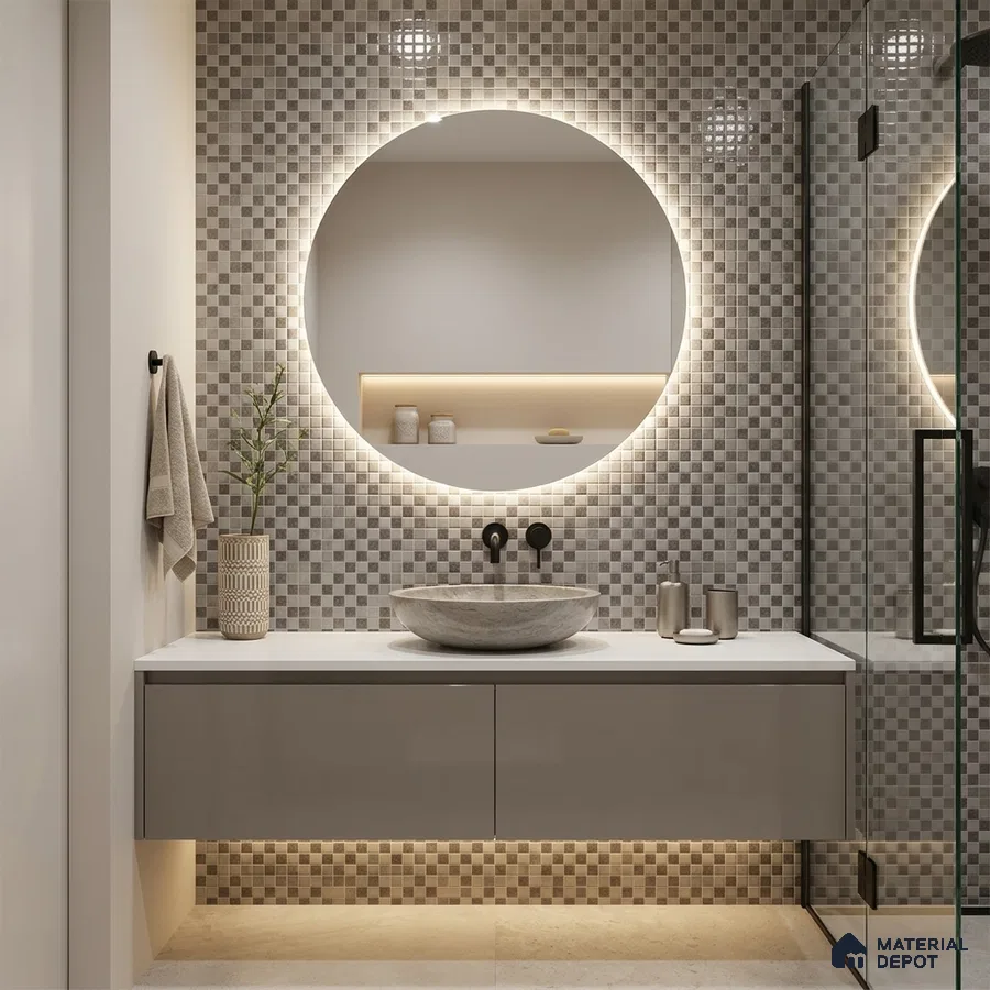 Modern Bathroom with Grey Glass Mosaic Wall Tile and Floating Vanity