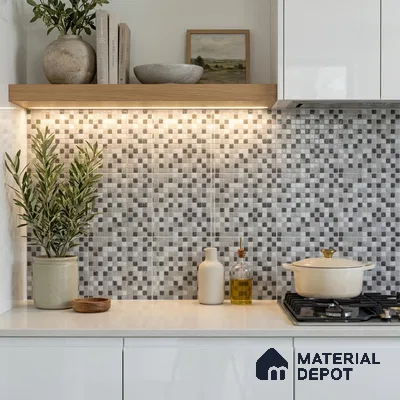 Modern Kitchen with Grey Glass Mosaic Backsplash Tile and White Cabinets