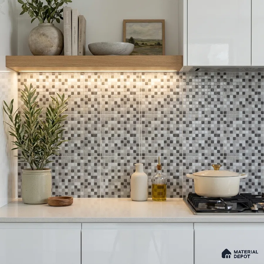 Modern Kitchen with Grey Glass Mosaic Backsplash Tile and White Cabinets