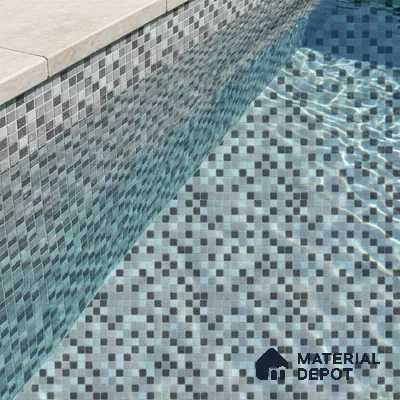 Modern Swimming Pool with Grey Glass Mosaic Tile and Cream Stone Coping