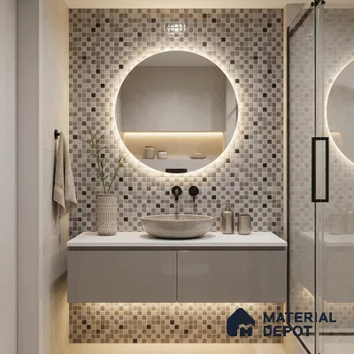 Modern Bathroom with Grey Glass Mosaic Wall Tile and Floating Vanity