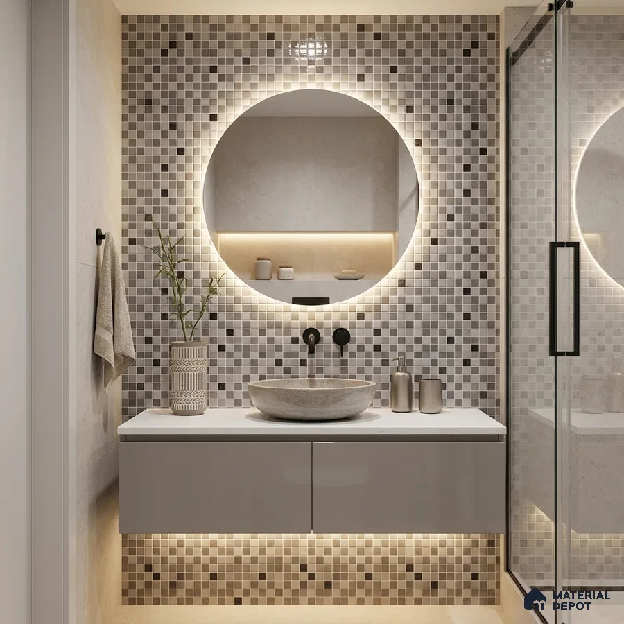 Modern Bathroom with Grey Glass Mosaic Wall Tile and Floating Vanity
