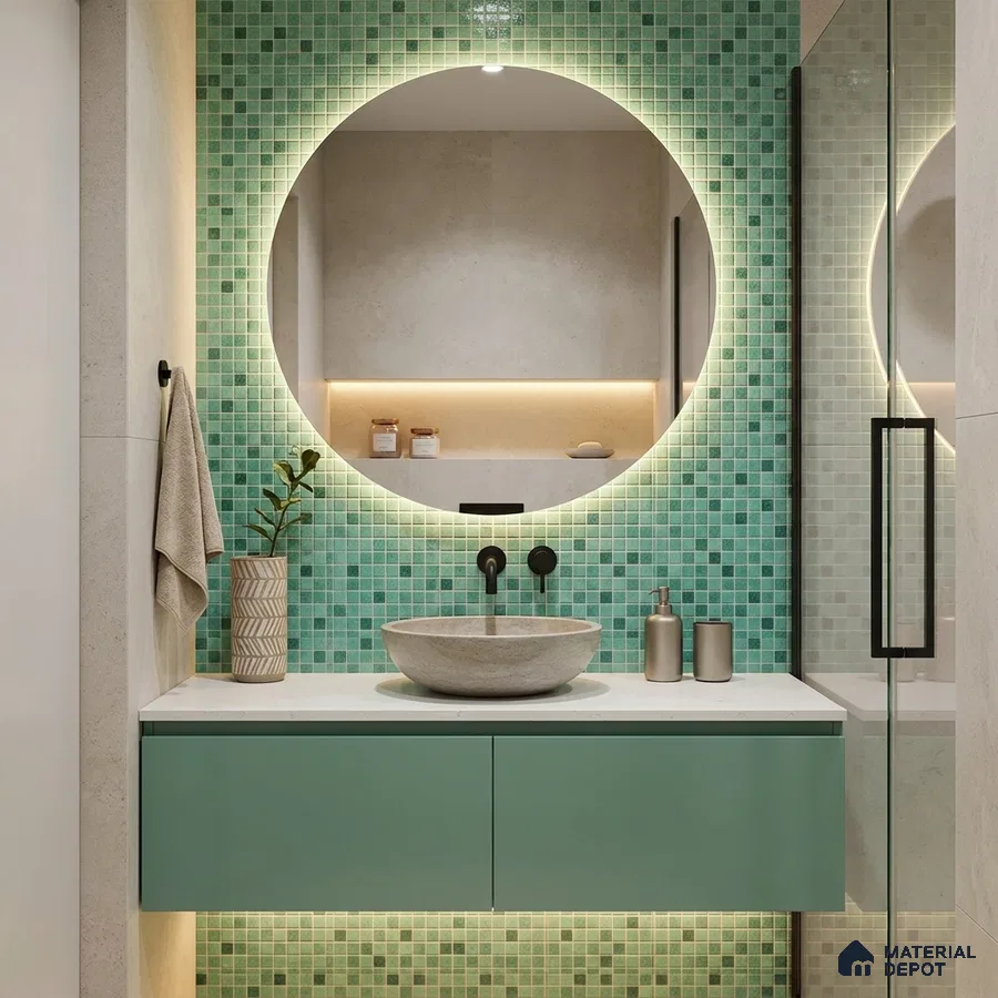 Modern Bathroom with Green Glass Mosaic Wall Tile and Sage Floating Vanity