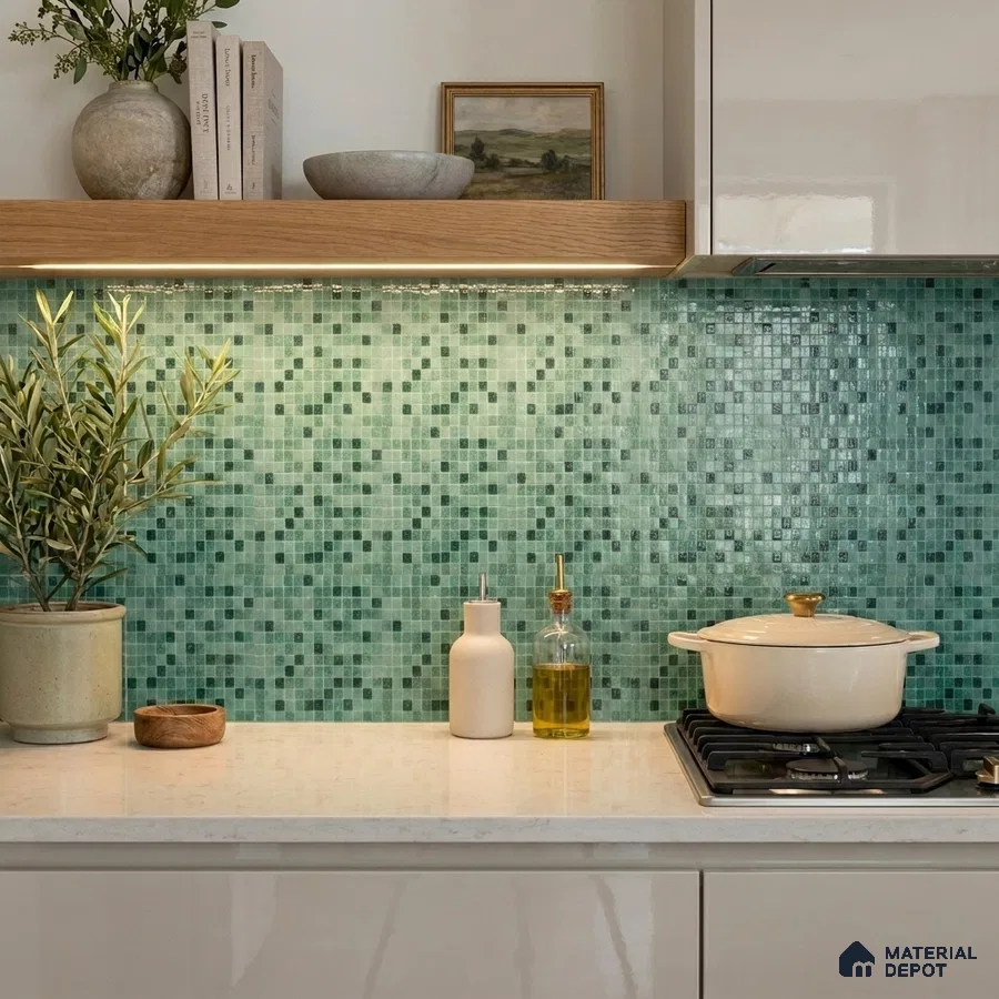 Modern Kitchen with Teal Green Glass Mosaic Backsplash Tile