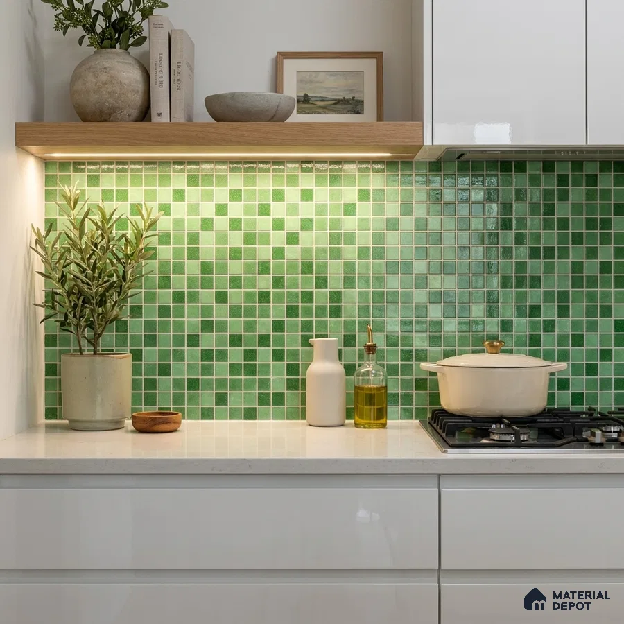 Modern Kitchen with Green Glass Mosaic Backsplash Tile