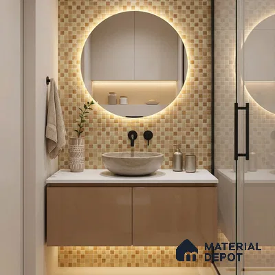 Modern Bathroom with Golden Beige Glass Mosaic Wall Tile and Floating Vanity