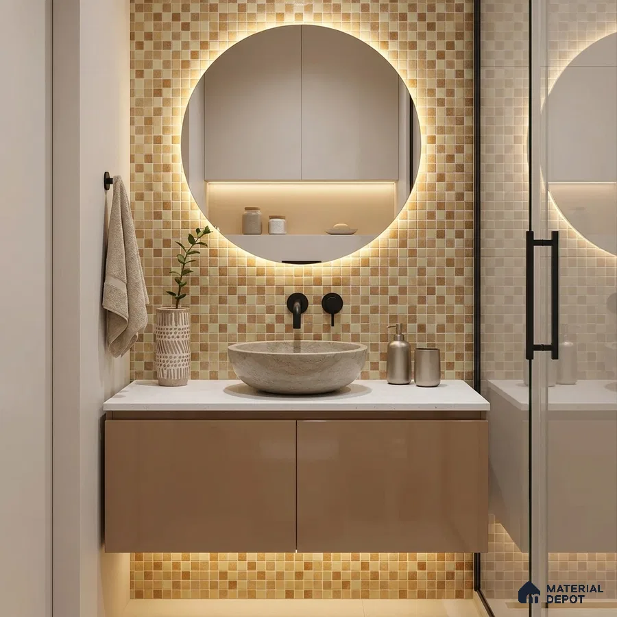 Modern Bathroom with Golden Beige Glass Mosaic Wall Tile and Floating Vanity