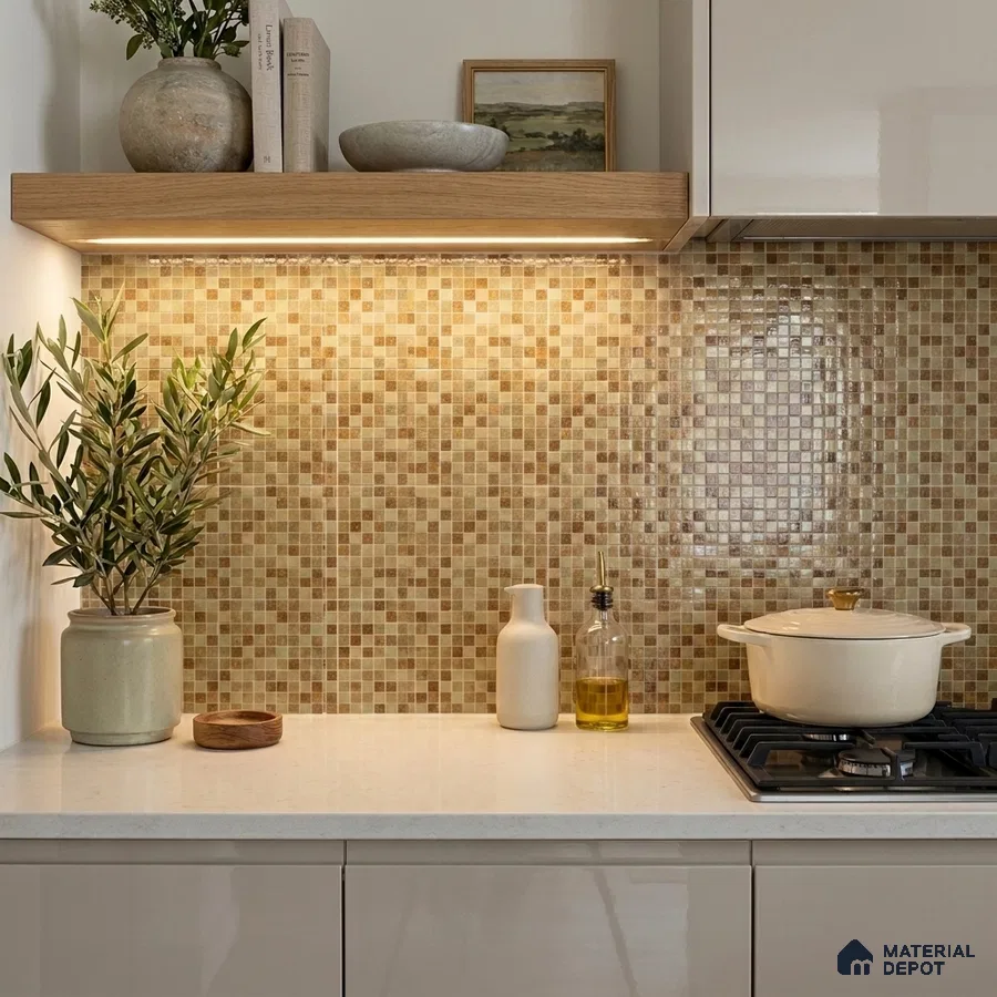 Modern Kitchen with Golden Beige Glass Mosaic Backsplash Tile