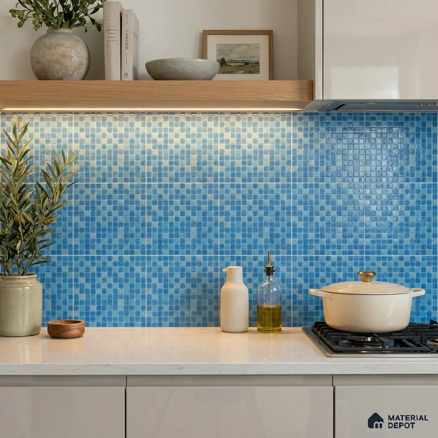 Modern Kitchen with Sky Blue Glass Mosaic Backsplash Tile