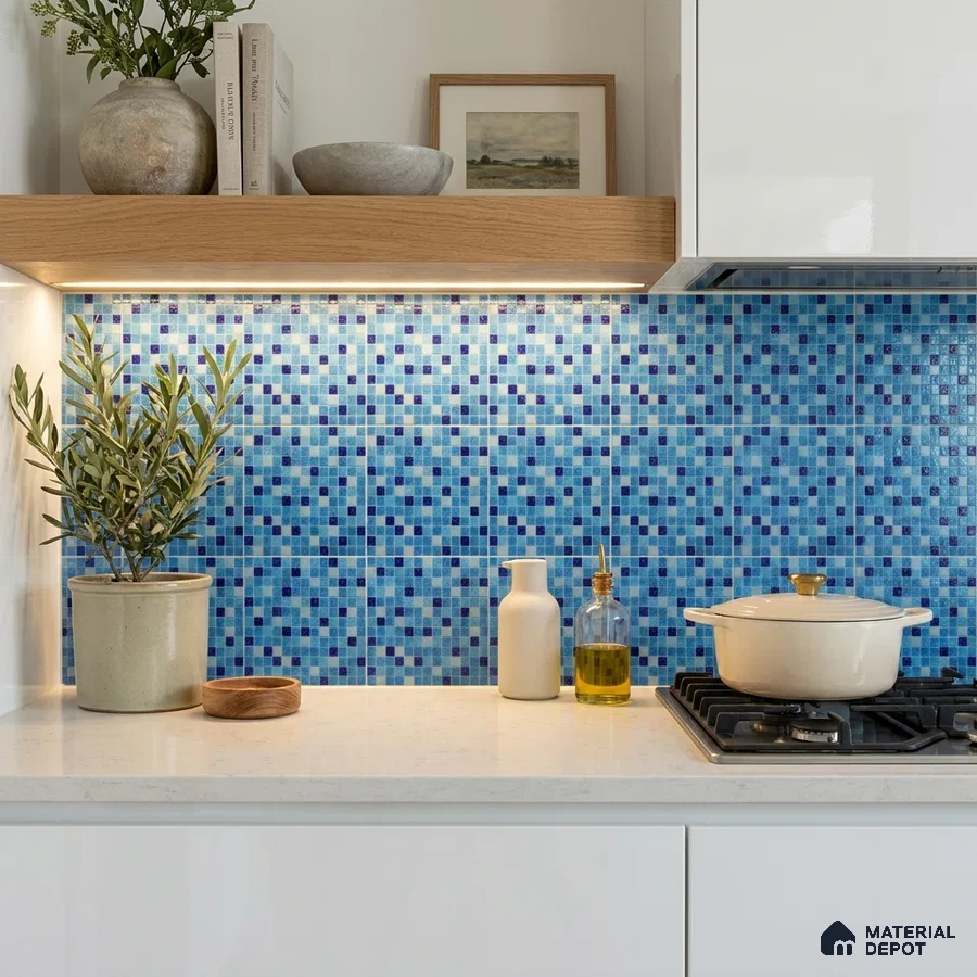 Modern Kitchen with Cobalt Blue Glass Mosaic Backsplash Tile
