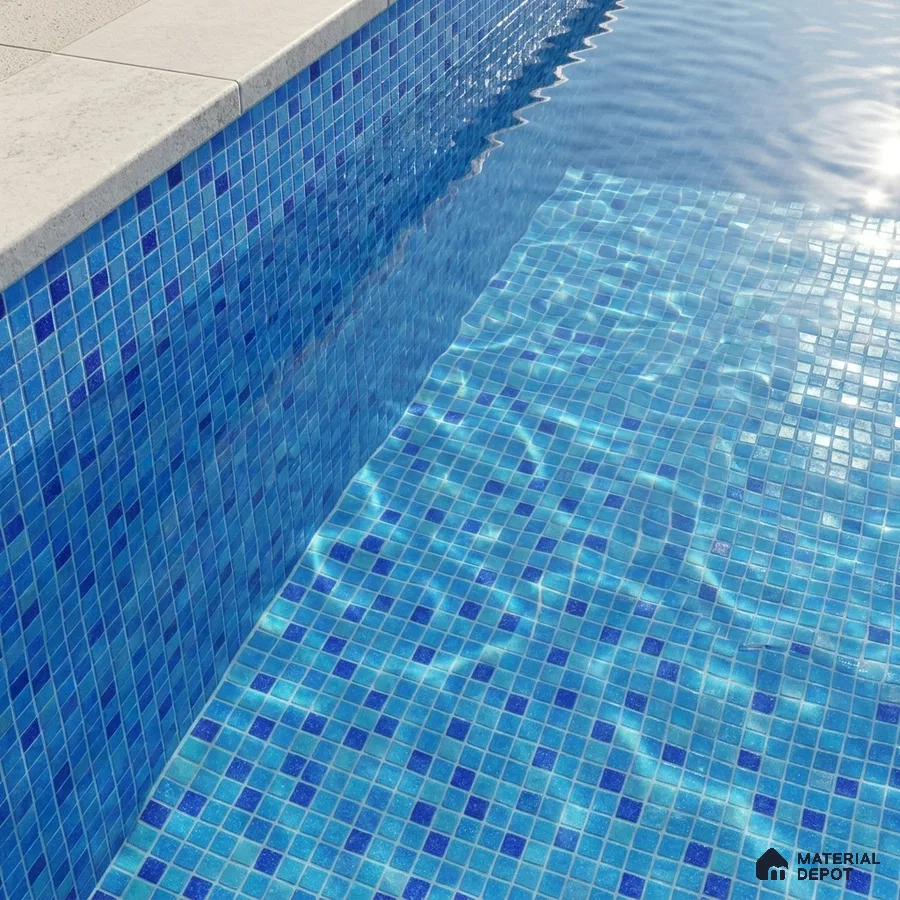 Modern Swimming Pool with Cobalt Blue Glass Mosaic Tile and Stone Coping