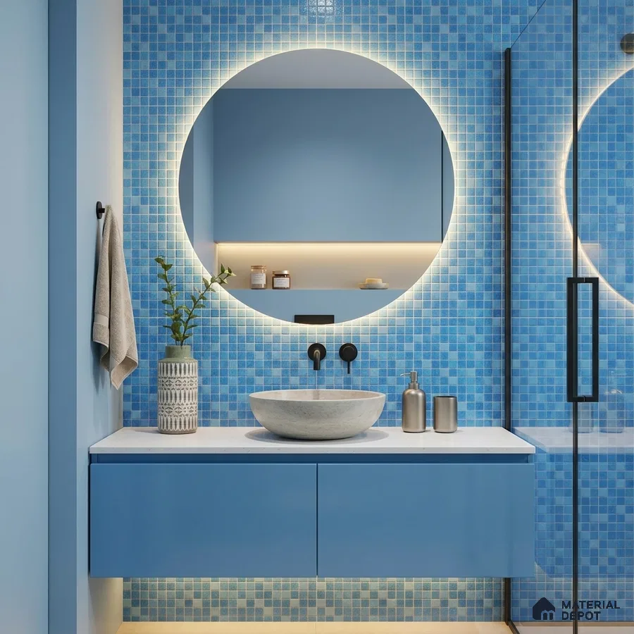 Modern Bathroom with Sky Blue Glass Mosaic Wall Tile and Floating Vanity