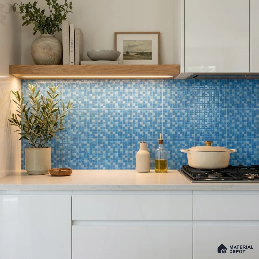 Modern Kitchen with Sky Blue Glass Mosaic Backsplash Tile
