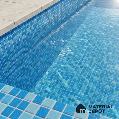 Modern Swimming Pool with Aqua Blue Glass Mosaic Tile and Stone Coping