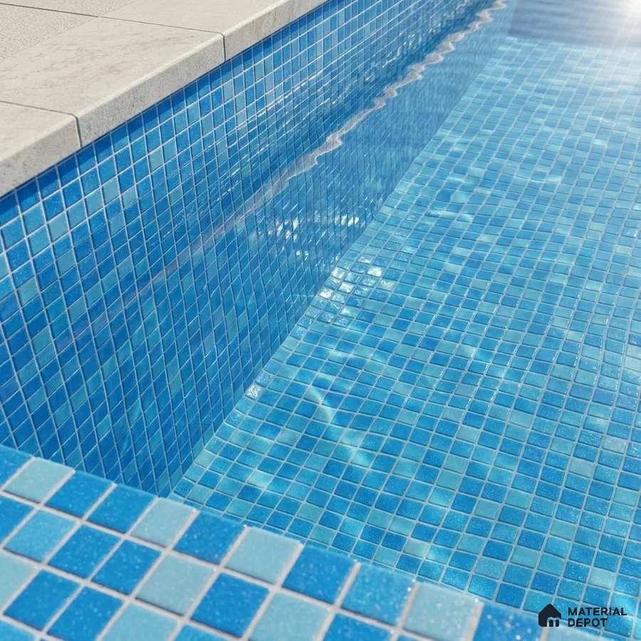 Modern Swimming Pool with Aqua Blue Glass Mosaic Tile and Stone Coping