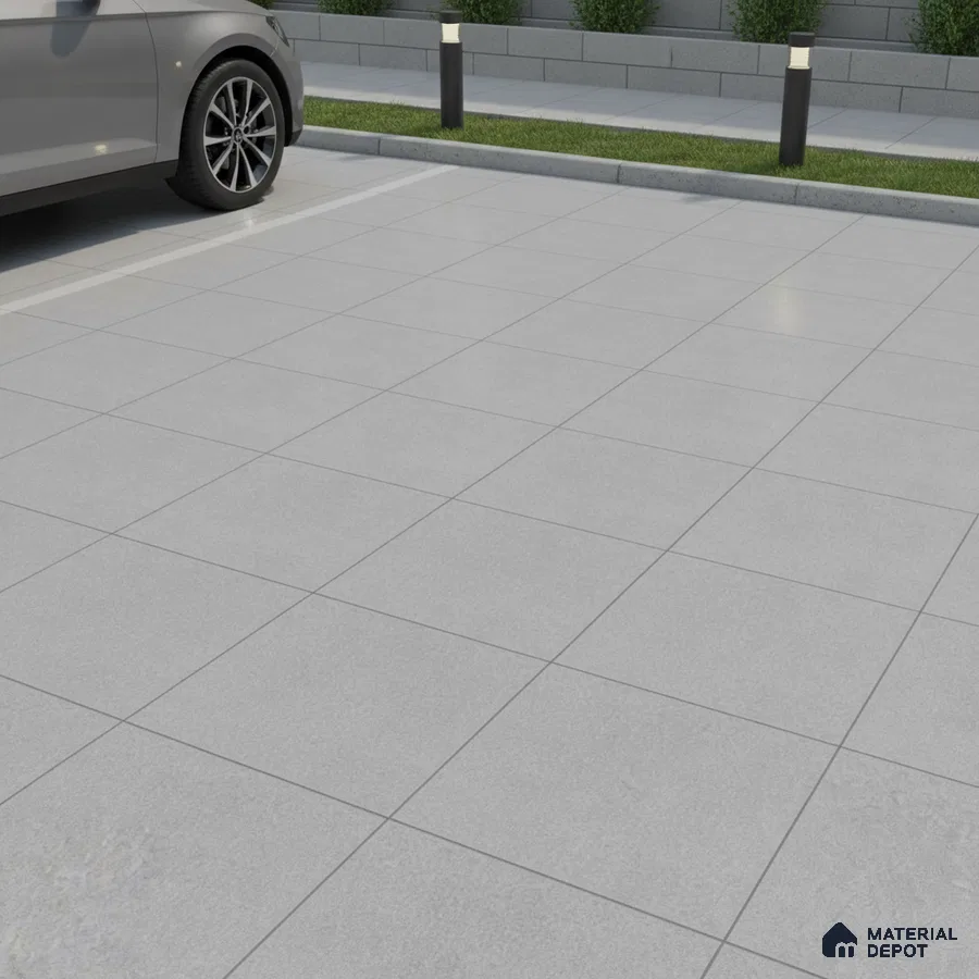Modern parking area with light grey matte stone floor tiles