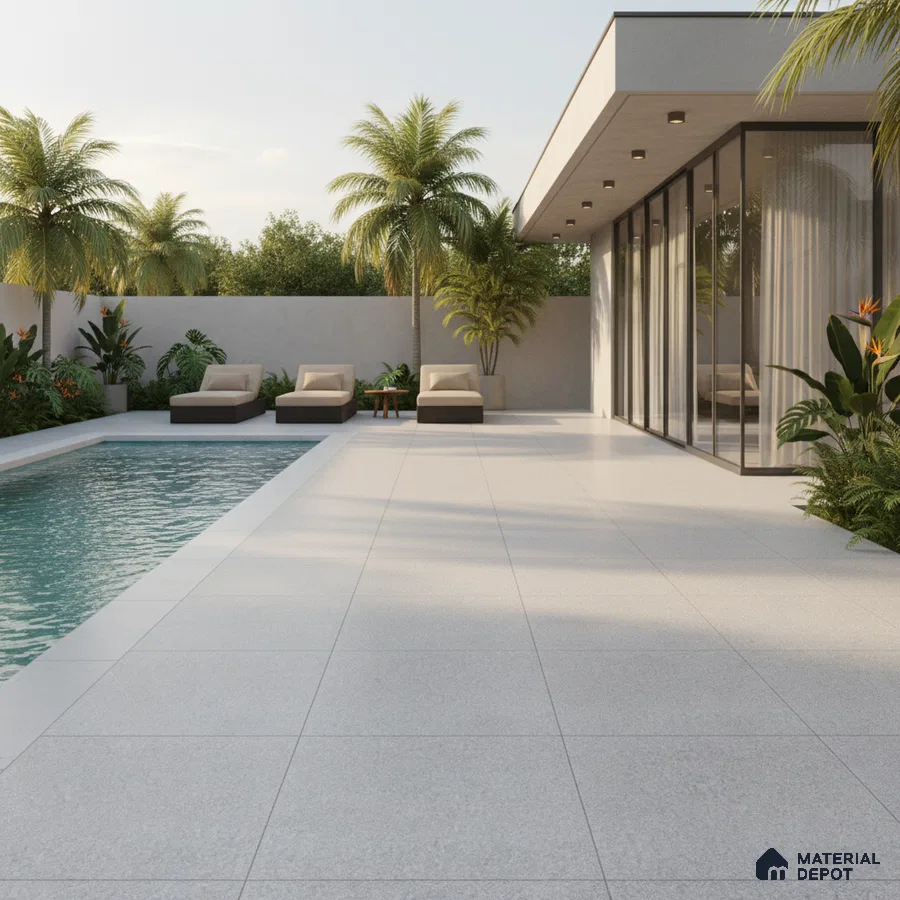 Modern outdoor poolside with large format light grey stone tiles and glass facade