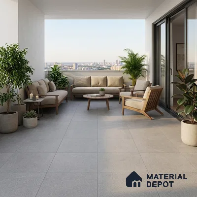 Scandinavian balcony with light grey stone floor tiles and natural wood outdoor furniture