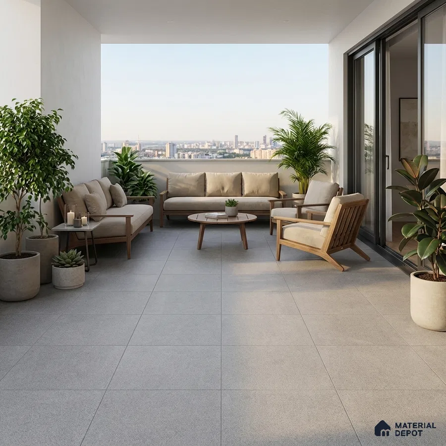 Scandinavian balcony with light grey stone floor tiles and natural wood outdoor furniture