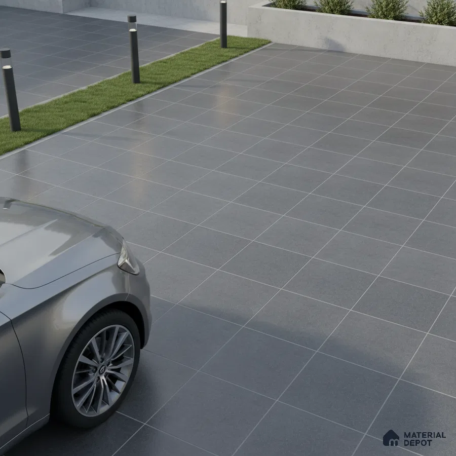 Modern parking area with matte grey stone-look floor tiles