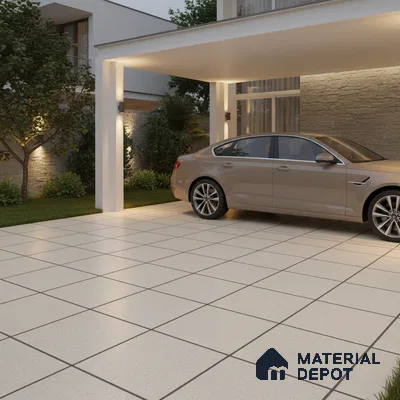 Modern parking with large cream outdoor floor tiles and stone cladding accent wall
