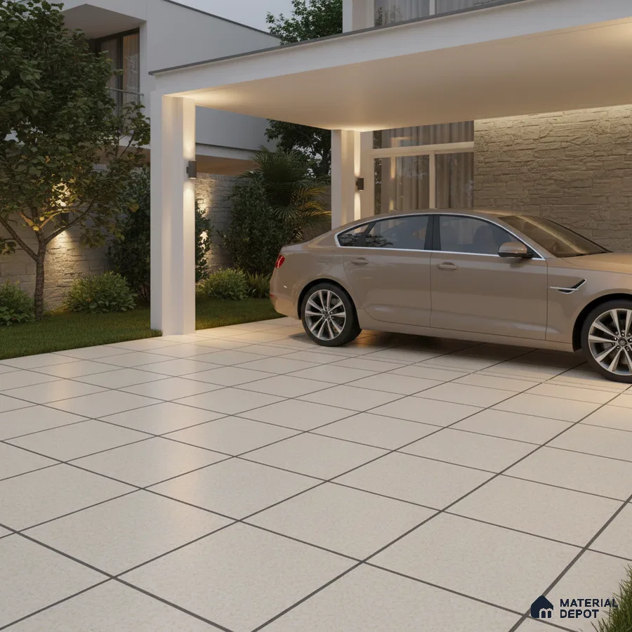 Modern parking with large cream outdoor floor tiles and stone cladding accent wall