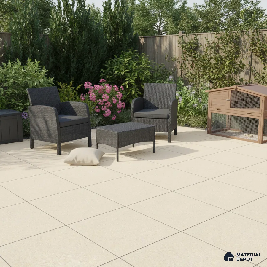 Modern outdoor patio with beige ceramic floor tiles and rattan furniture