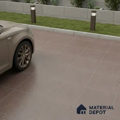 Modern parking with matte terracotta anti-skid floor tiles and concrete planter wall