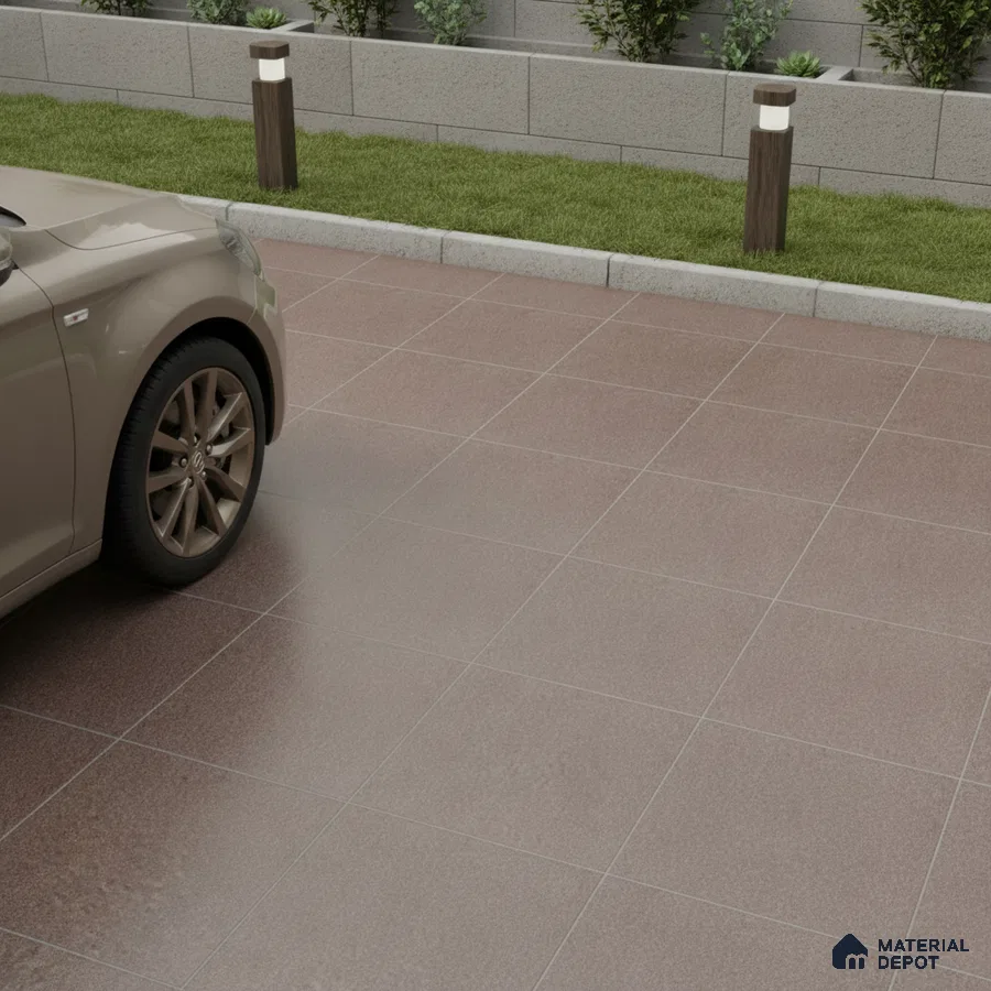 Modern parking with matte terracotta anti-skid floor tiles and concrete planter wall