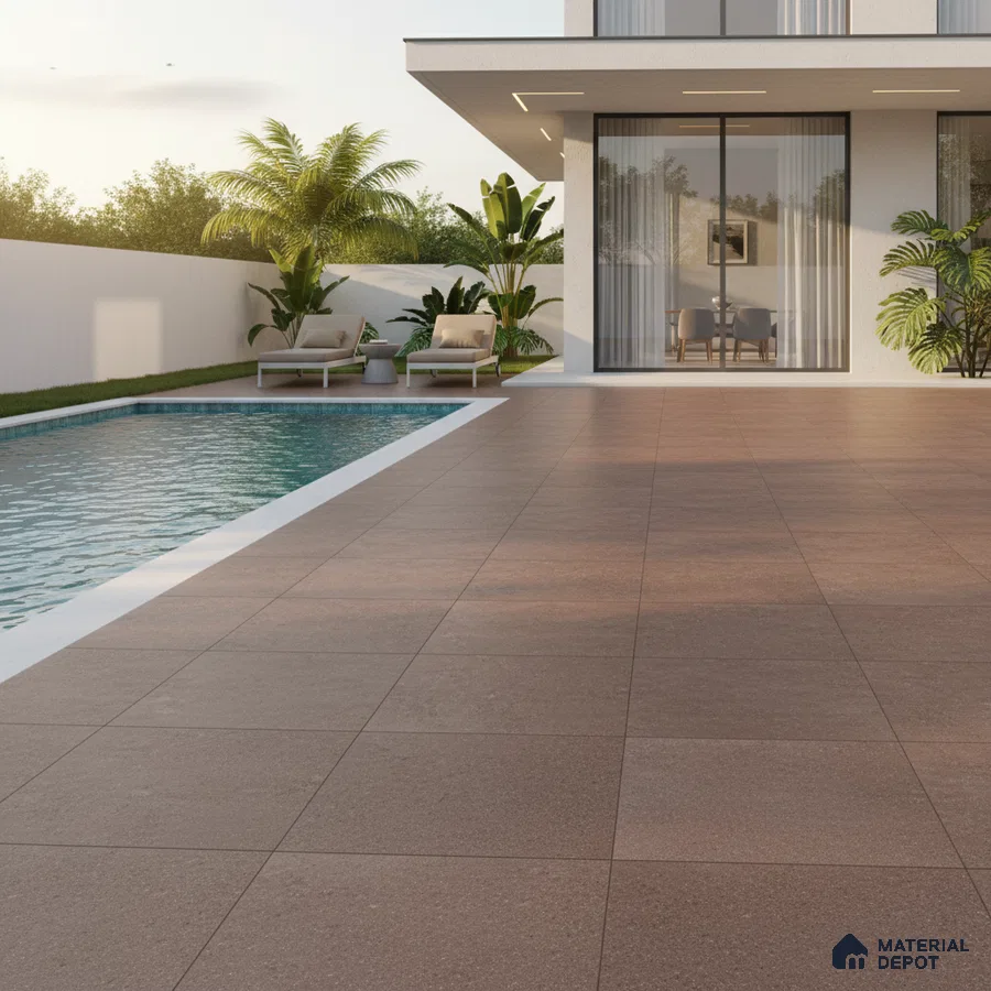 Modern outdoor poolside with matte terracotta floor tiles and minimalist landscaping