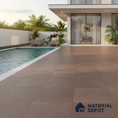 Modern outdoor poolside with matte terracotta floor tiles and minimalist landscaping