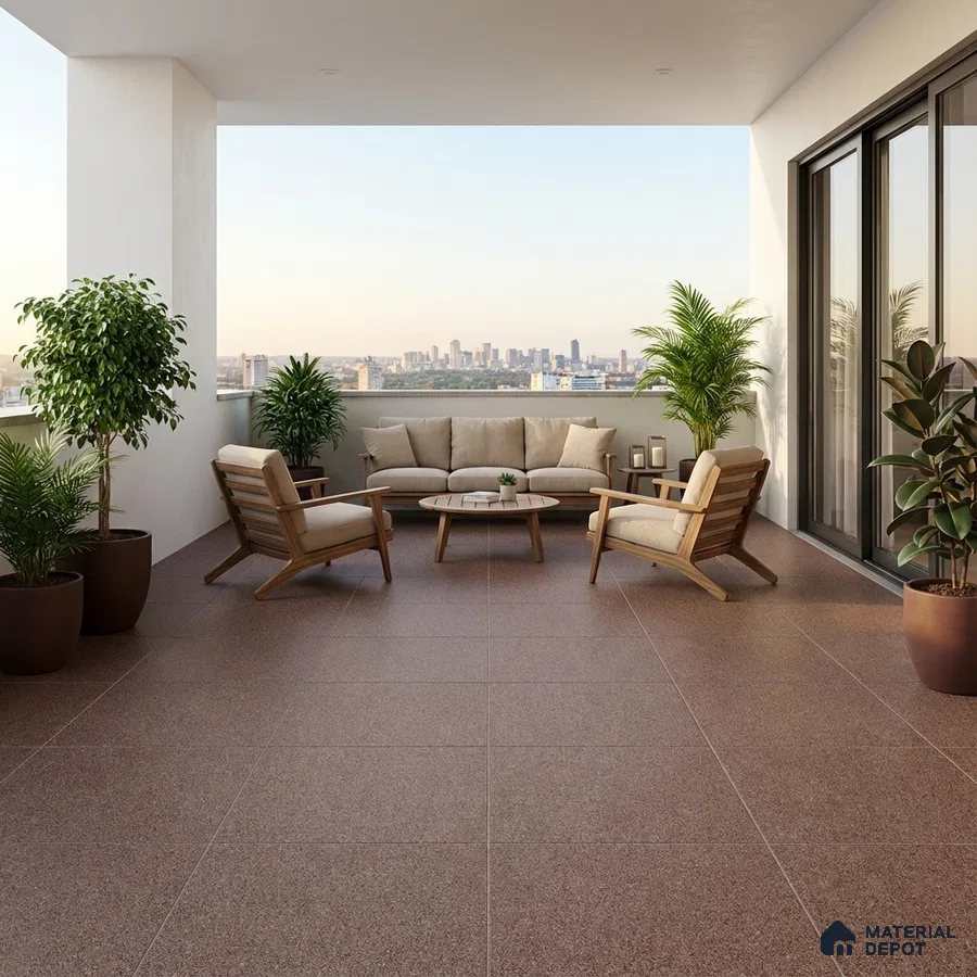 Modern balcony with brown terrazzo floor tiles and wooden outdoor furniture