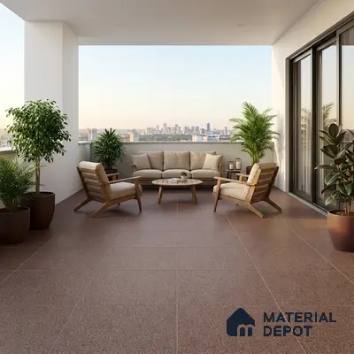Modern balcony with brown terrazzo floor tiles and wooden outdoor furniture