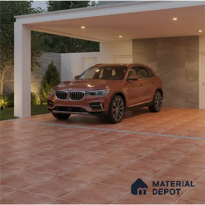 Modern parking with terracotta floor tiles and stone cladding accent wall