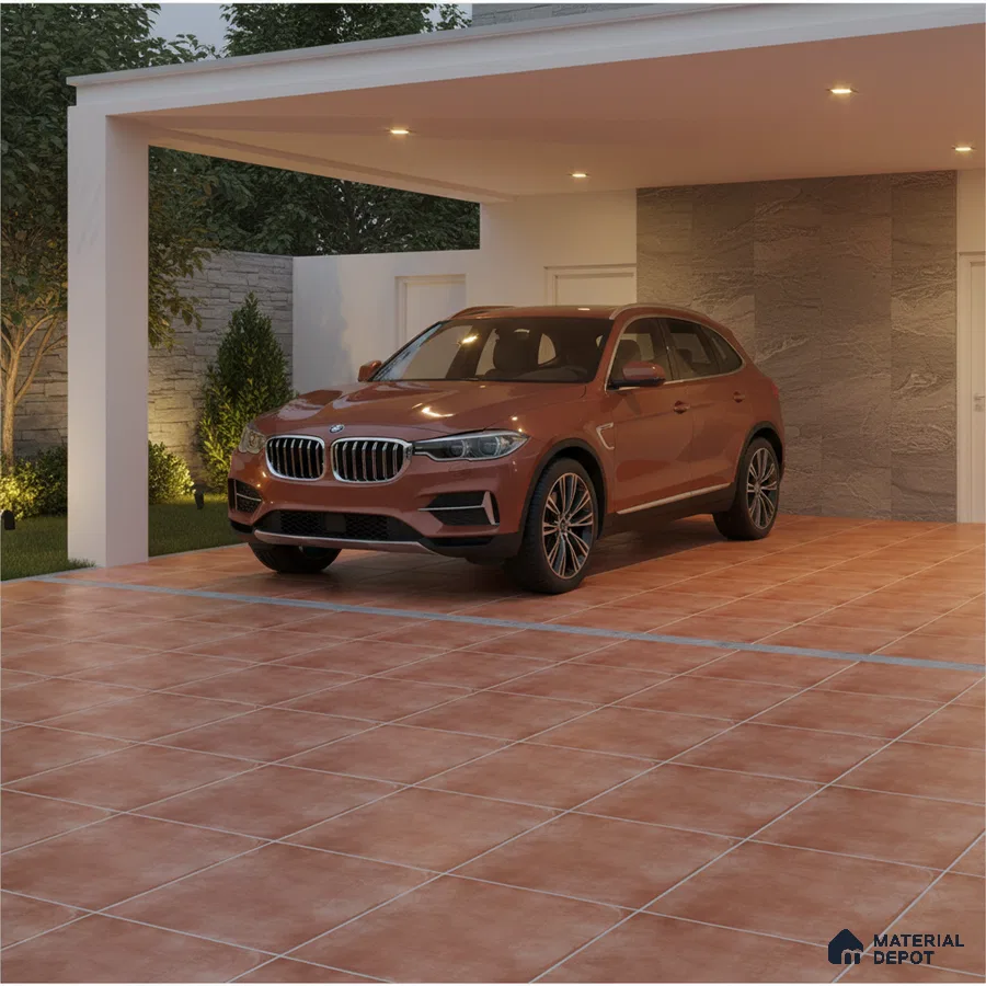 Modern parking with terracotta floor tiles and stone cladding accent wall