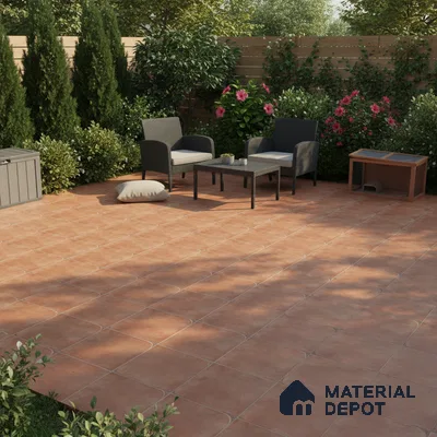 Modern outdoor patio with terracotta floor tiles and wicker furniture
