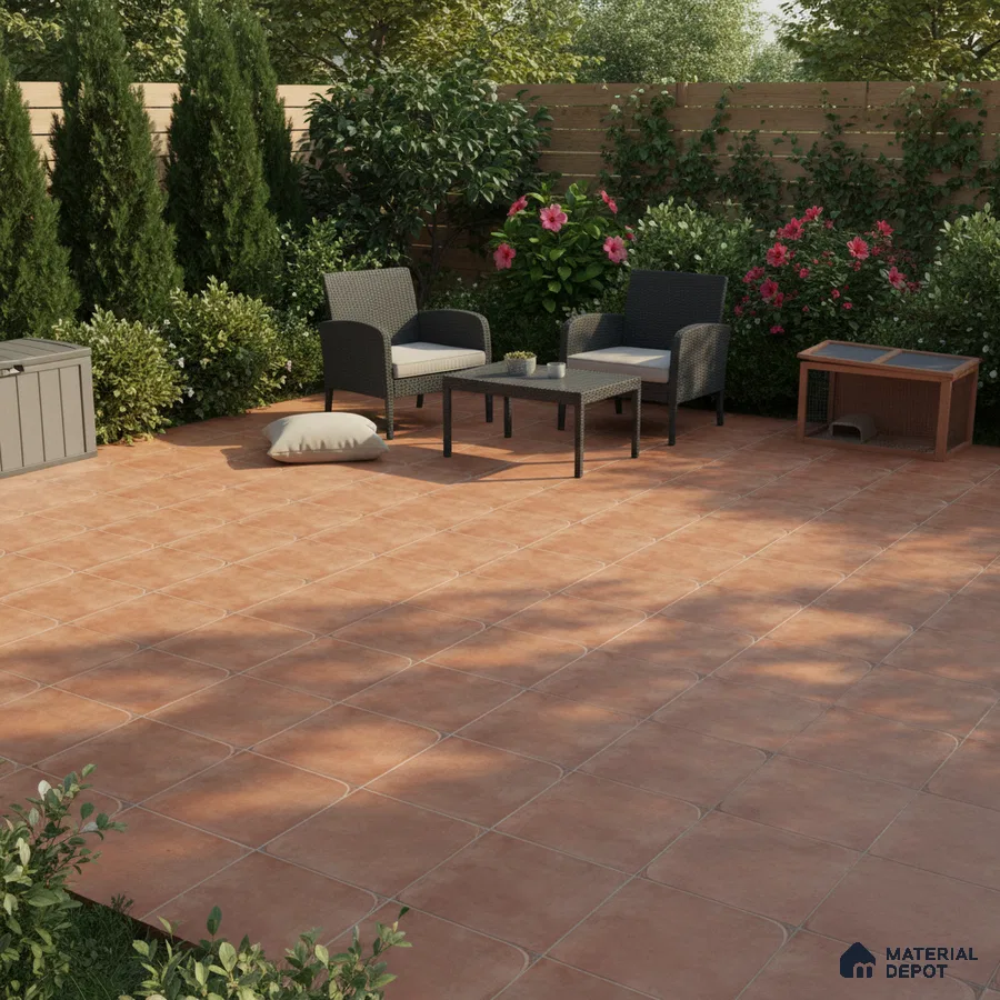 Modern outdoor patio with terracotta floor tiles and wicker furniture