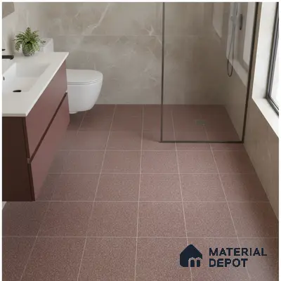 Modern bathroom with taupe marble wall tiles, terracotta speckled floor tiles, and matte brown vanity