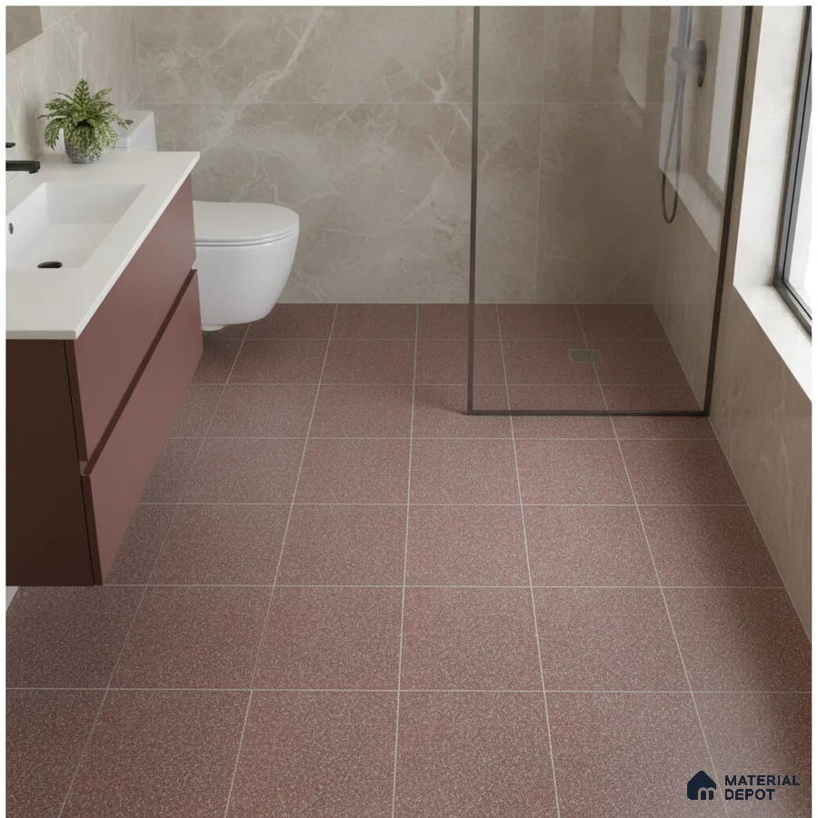 Modern bathroom with taupe marble wall tiles, terracotta speckled floor tiles, and matte brown vanity