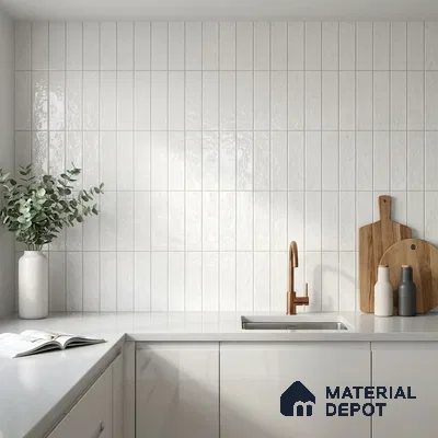 Modern Kitchen with Frosty White Glossy Vertical Subway Tile Backsplash