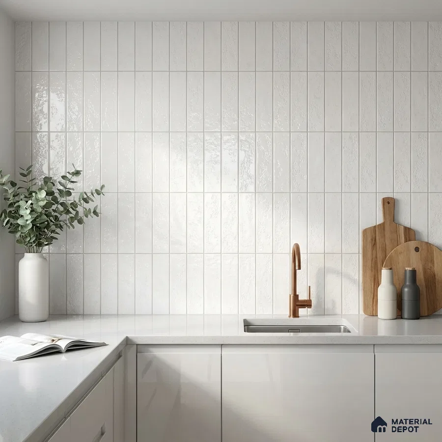 Modern Kitchen with Frosty White Glossy Vertical Subway Tile Backsplash